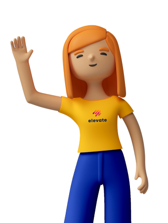 The Elevate Difference 3D animated woman in yellow top and blue pants, waving,