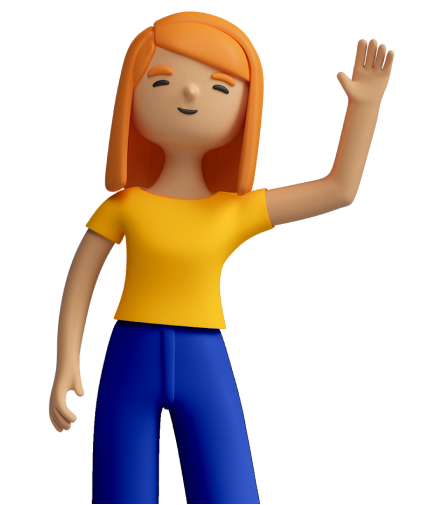 3D animated woman in yellow top and blue pants, waving,